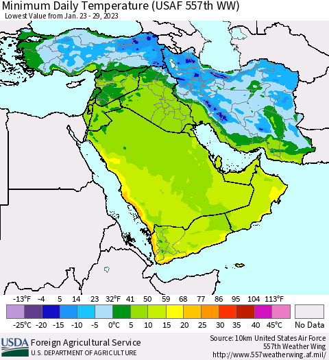 Middle East and Turkey Minimum Daily Temperature (USAF 557th WW) Thematic Map For 1/23/2023 - 1/29/2023