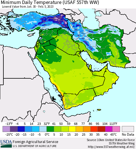 Middle East and Turkey Minimum Daily Temperature (USAF 557th WW) Thematic Map For 1/30/2023 - 2/5/2023
