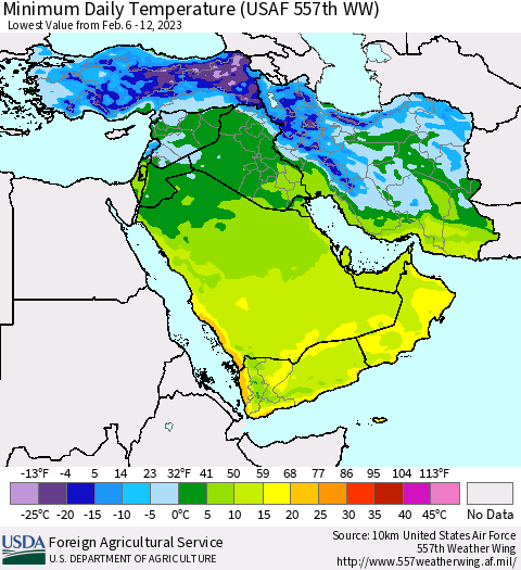 Middle East and Turkey Minimum Daily Temperature (USAF 557th WW) Thematic Map For 2/6/2023 - 2/12/2023