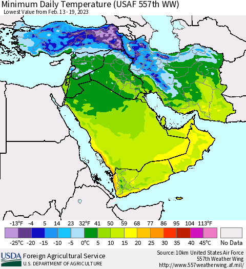 Middle East and Turkey Minimum Daily Temperature (USAF 557th WW) Thematic Map For 2/13/2023 - 2/19/2023
