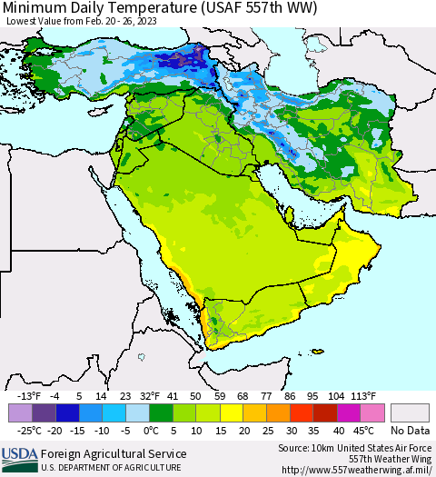 Middle East and Turkey Minimum Daily Temperature (USAF 557th WW) Thematic Map For 2/20/2023 - 2/26/2023
