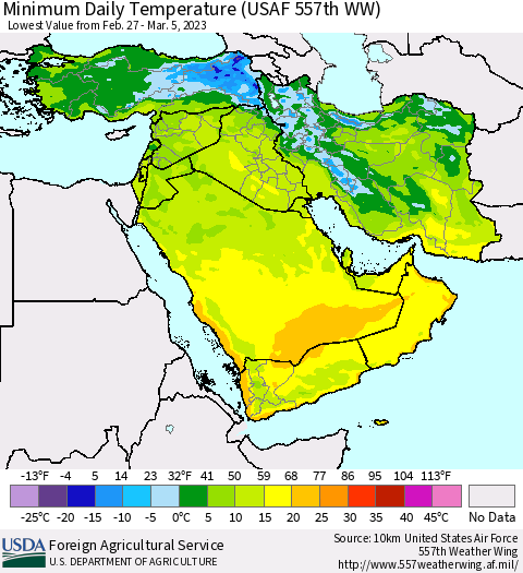 Middle East and Turkey Minimum Daily Temperature (USAF 557th WW) Thematic Map For 2/27/2023 - 3/5/2023