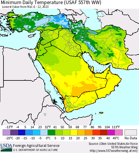 Middle East and Turkey Minimum Daily Temperature (USAF 557th WW) Thematic Map For 3/6/2023 - 3/12/2023