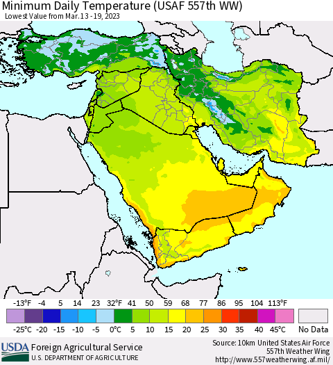 Middle East and Turkey Minimum Daily Temperature (USAF 557th WW) Thematic Map For 3/13/2023 - 3/19/2023