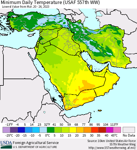 Middle East and Turkey Minimum Daily Temperature (USAF 557th WW) Thematic Map For 3/20/2023 - 3/26/2023