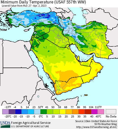 Middle East and Turkey Minimum Daily Temperature (USAF 557th WW) Thematic Map For 3/27/2023 - 4/2/2023