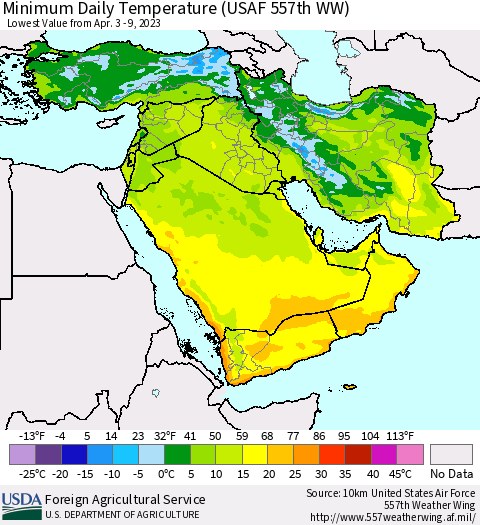 Middle East and Turkey Minimum Daily Temperature (USAF 557th WW) Thematic Map For 4/3/2023 - 4/9/2023