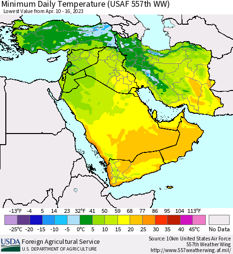 Middle East and Turkey Minimum Daily Temperature (USAF 557th WW) Thematic Map For 4/10/2023 - 4/16/2023