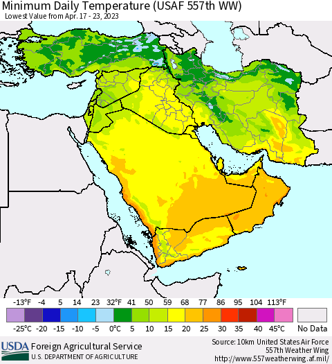 Middle East and Turkey Minimum Daily Temperature (USAF 557th WW) Thematic Map For 4/17/2023 - 4/23/2023