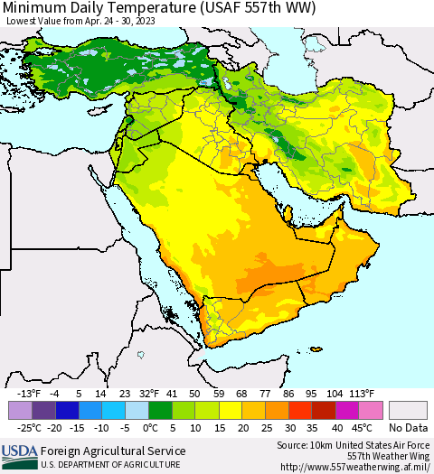 Middle East and Turkey Minimum Daily Temperature (USAF 557th WW) Thematic Map For 4/24/2023 - 4/30/2023
