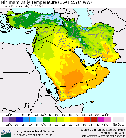 Middle East and Turkey Minimum Daily Temperature (USAF 557th WW) Thematic Map For 5/1/2023 - 5/7/2023