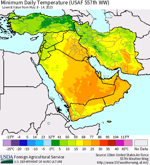 Middle East and Turkey Minimum Daily Temperature (USAF 557th WW) Thematic Map For 5/8/2023 - 5/14/2023