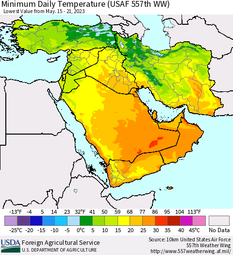 Middle East and Turkey Minimum Daily Temperature (USAF 557th WW) Thematic Map For 5/15/2023 - 5/21/2023