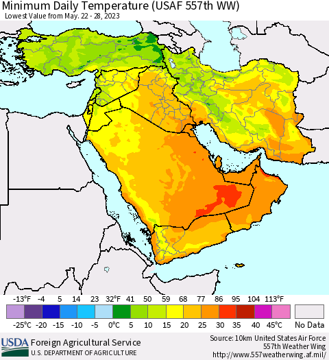 Middle East and Turkey Minimum Daily Temperature (USAF 557th WW) Thematic Map For 5/22/2023 - 5/28/2023