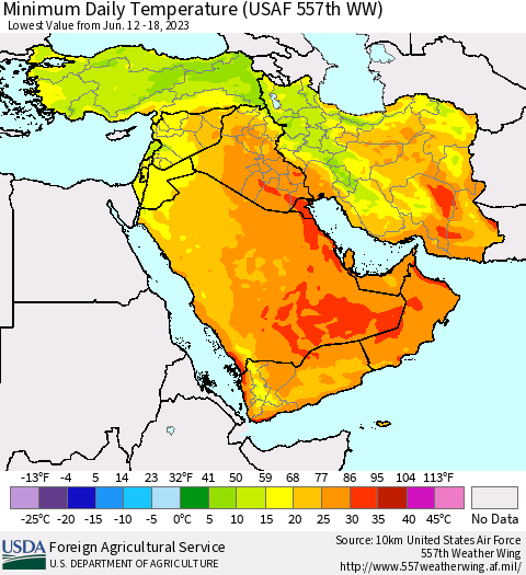 Middle East and Turkey Minimum Daily Temperature (USAF 557th WW) Thematic Map For 6/12/2023 - 6/18/2023