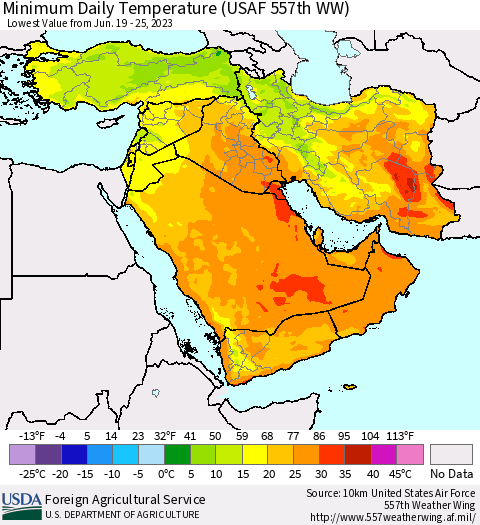 Middle East and Turkey Minimum Daily Temperature (USAF 557th WW) Thematic Map For 6/19/2023 - 6/25/2023