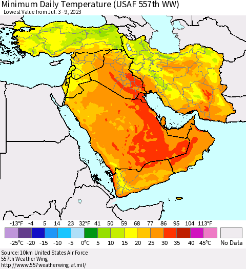 Middle East and Turkey Minimum Daily Temperature (USAF 557th WW) Thematic Map For 7/3/2023 - 7/9/2023