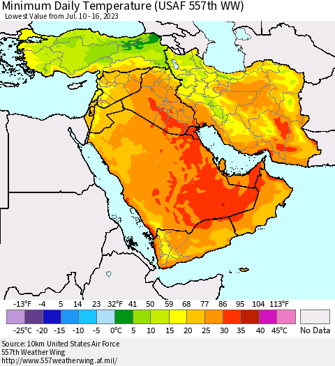 Middle East and Turkey Minimum Daily Temperature (USAF 557th WW) Thematic Map For 7/10/2023 - 7/16/2023
