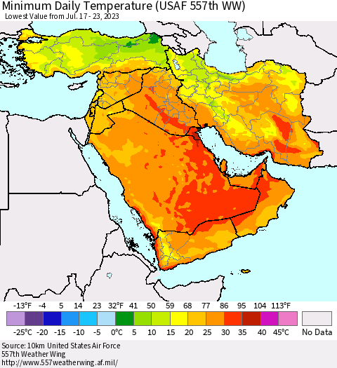 Middle East and Turkey Minimum Daily Temperature (USAF 557th WW) Thematic Map For 7/17/2023 - 7/23/2023