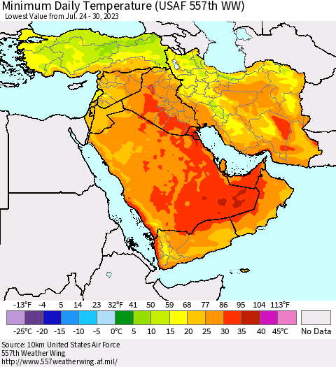Middle East and Turkey Minimum Daily Temperature (USAF 557th WW) Thematic Map For 7/24/2023 - 7/30/2023