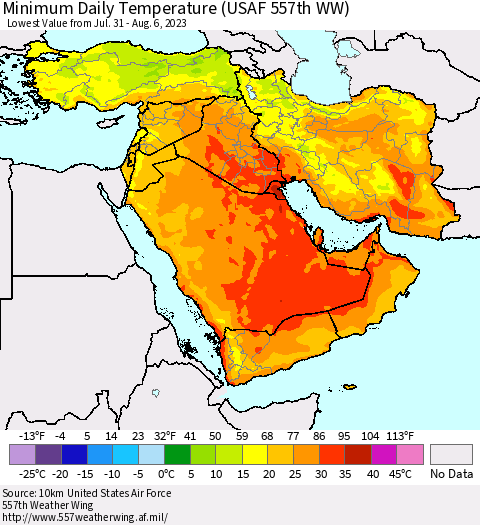 Middle East and Turkey Minimum Daily Temperature (USAF 557th WW) Thematic Map For 7/31/2023 - 8/6/2023