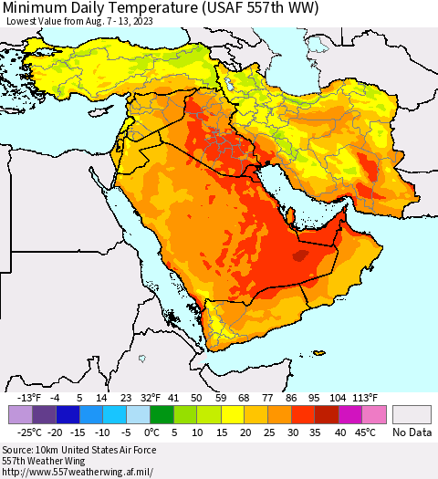 Middle East and Turkey Minimum Daily Temperature (USAF 557th WW) Thematic Map For 8/7/2023 - 8/13/2023