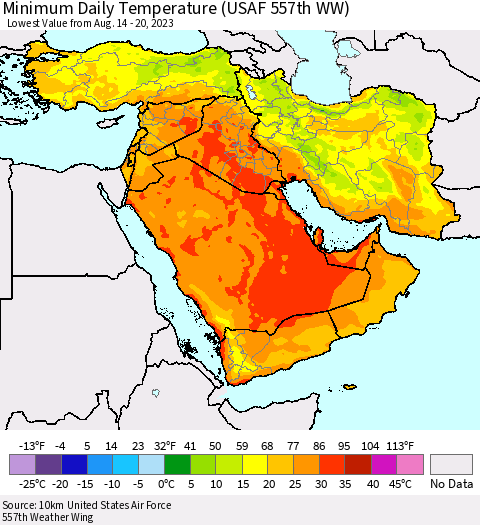 Middle East and Turkey Minimum Daily Temperature (USAF 557th WW) Thematic Map For 8/14/2023 - 8/20/2023