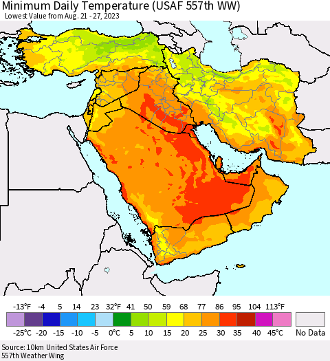 Middle East and Turkey Minimum Daily Temperature (USAF 557th WW) Thematic Map For 8/21/2023 - 8/27/2023