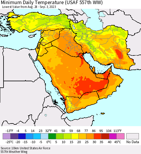 Middle East and Turkey Minimum Daily Temperature (USAF 557th WW) Thematic Map For 8/28/2023 - 9/3/2023
