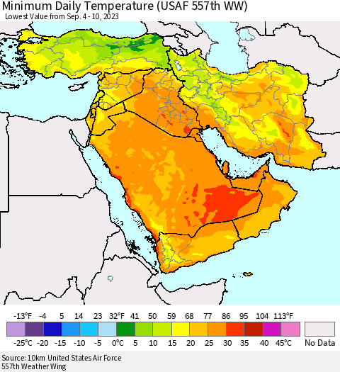 Middle East and Turkey Minimum Daily Temperature (USAF 557th WW) Thematic Map For 9/4/2023 - 9/10/2023