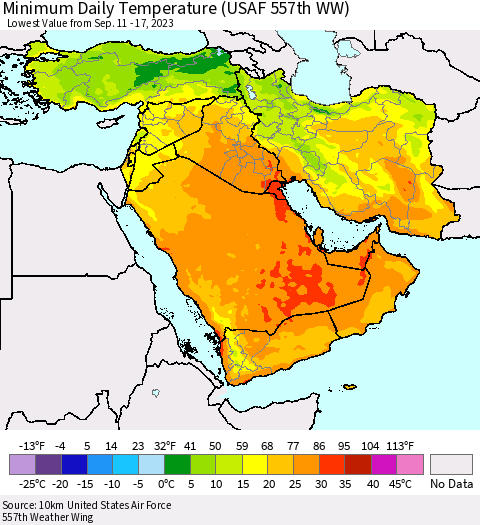 Middle East and Turkey Minimum Daily Temperature (USAF 557th WW) Thematic Map For 9/11/2023 - 9/17/2023