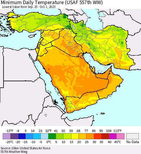 Middle East and Turkey Minimum Daily Temperature (USAF 557th WW) Thematic Map For 9/25/2023 - 10/1/2023