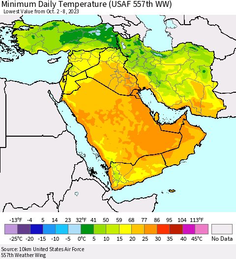 Middle East and Turkey Minimum Daily Temperature (USAF 557th WW) Thematic Map For 10/2/2023 - 10/8/2023