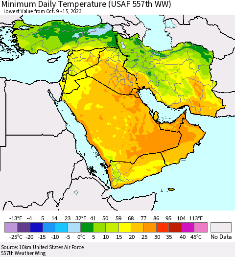 Middle East and Turkey Minimum Daily Temperature (USAF 557th WW) Thematic Map For 10/9/2023 - 10/15/2023
