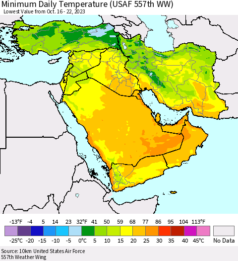 Middle East and Turkey Minimum Daily Temperature (USAF 557th WW) Thematic Map For 10/16/2023 - 10/22/2023