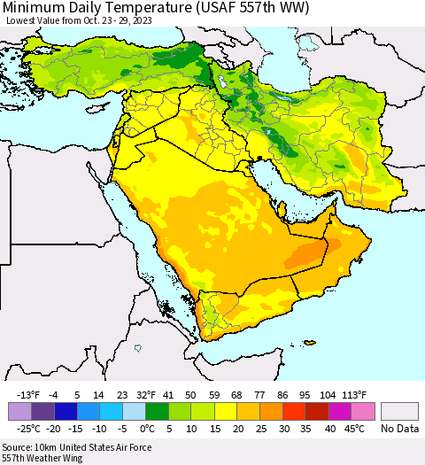 Middle East and Turkey Minimum Daily Temperature (USAF 557th WW) Thematic Map For 10/23/2023 - 10/29/2023