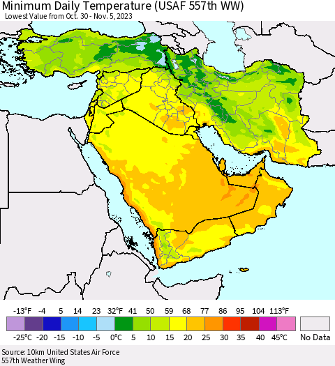 Middle East and Turkey Minimum Daily Temperature (USAF 557th WW) Thematic Map For 10/30/2023 - 11/5/2023