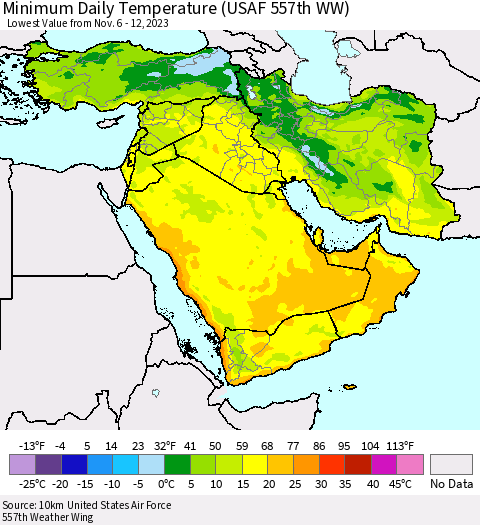 Middle East and Turkey Minimum Daily Temperature (USAF 557th WW) Thematic Map For 11/6/2023 - 11/12/2023