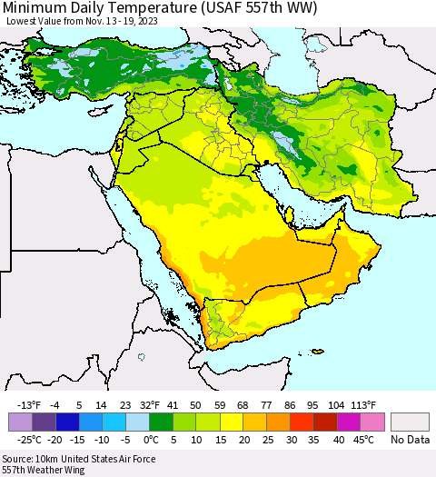 Middle East and Turkey Minimum Daily Temperature (USAF 557th WW) Thematic Map For 11/13/2023 - 11/19/2023