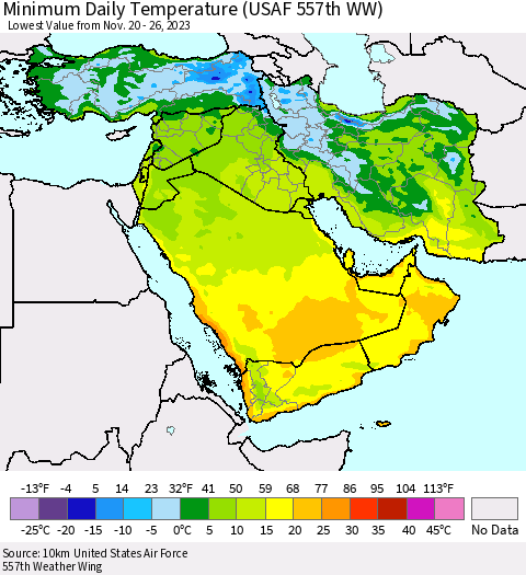 Middle East and Turkey Minimum Daily Temperature (USAF 557th WW) Thematic Map For 11/20/2023 - 11/26/2023