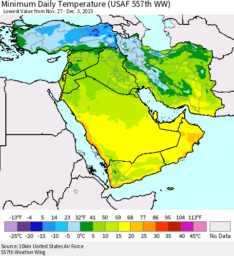 Middle East and Turkey Minimum Daily Temperature (USAF 557th WW) Thematic Map For 11/27/2023 - 12/3/2023