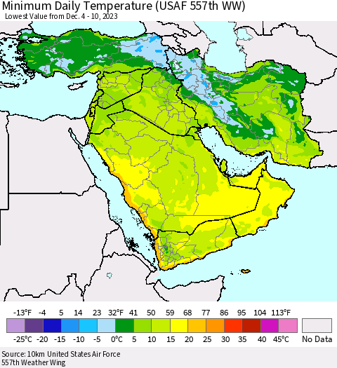 Middle East and Turkey Minimum Daily Temperature (USAF 557th WW) Thematic Map For 12/4/2023 - 12/10/2023