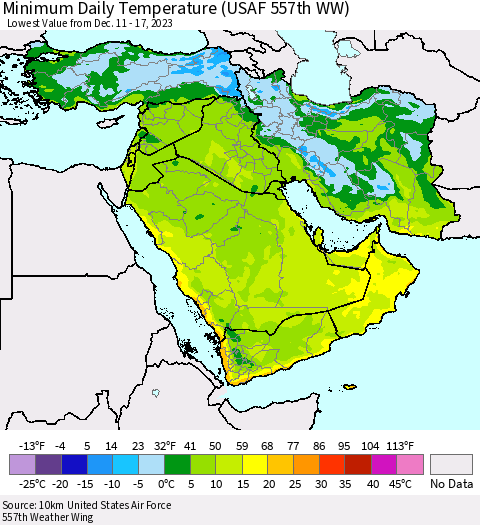 Middle East and Turkey Minimum Daily Temperature (USAF 557th WW) Thematic Map For 12/11/2023 - 12/17/2023