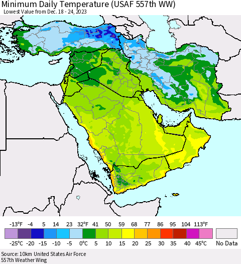 Middle East and Turkey Minimum Daily Temperature (USAF 557th WW) Thematic Map For 12/18/2023 - 12/24/2023