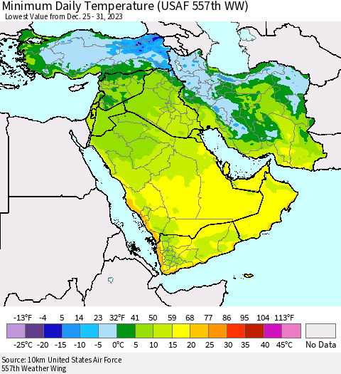 Middle East and Turkey Minimum Daily Temperature (USAF 557th WW) Thematic Map For 12/25/2023 - 12/31/2023