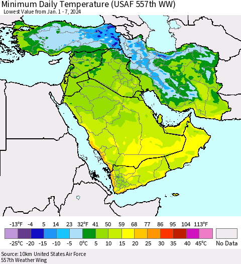 Middle East and Turkey Minimum Daily Temperature (USAF 557th WW) Thematic Map For 1/1/2024 - 1/7/2024
