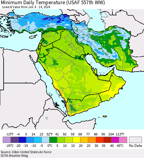 Middle East and Turkey Minimum Daily Temperature (USAF 557th WW) Thematic Map For 1/8/2024 - 1/14/2024