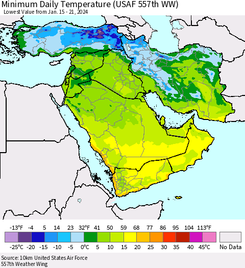 Middle East and Turkey Minimum Daily Temperature (USAF 557th WW) Thematic Map For 1/15/2024 - 1/21/2024