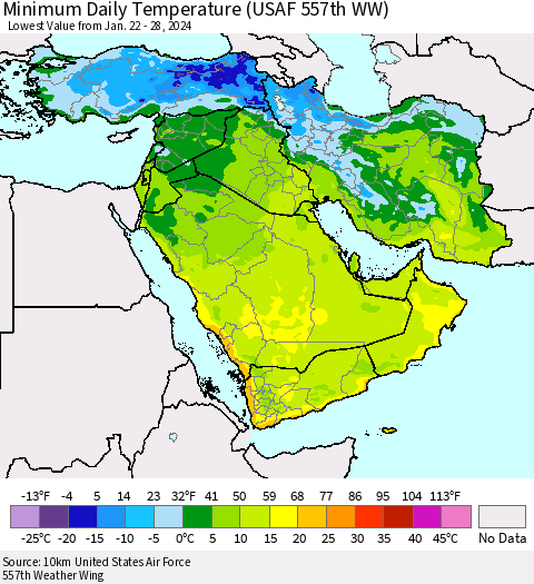 Middle East and Turkey Minimum Daily Temperature (USAF 557th WW) Thematic Map For 1/22/2024 - 1/28/2024