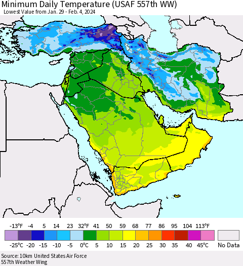 Middle East and Turkey Minimum Daily Temperature (USAF 557th WW) Thematic Map For 1/29/2024 - 2/4/2024